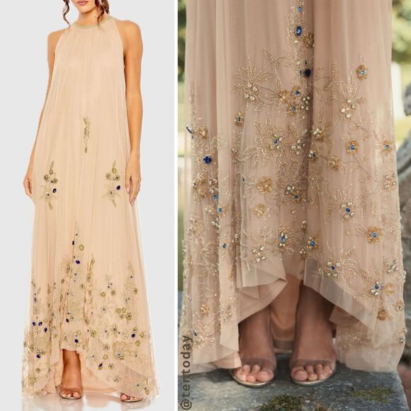 Mac Duggal 9232 Size 14 Nude Gold Floral Jeweled Long Evening Gown Maxi Dress - Picture 1 of 6